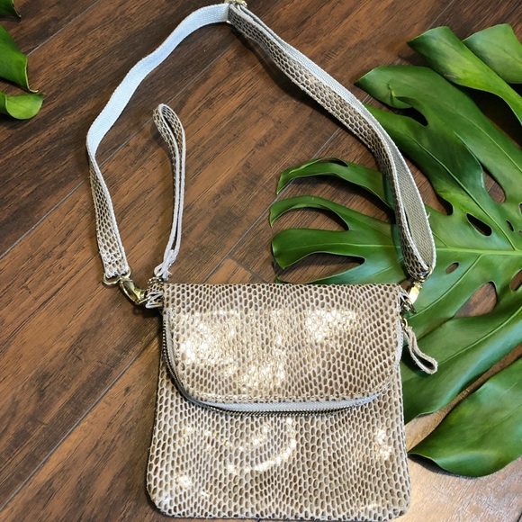 CROSSBODY Purse Foldover Taupe Leather animal print bag - Picture 2 of 10